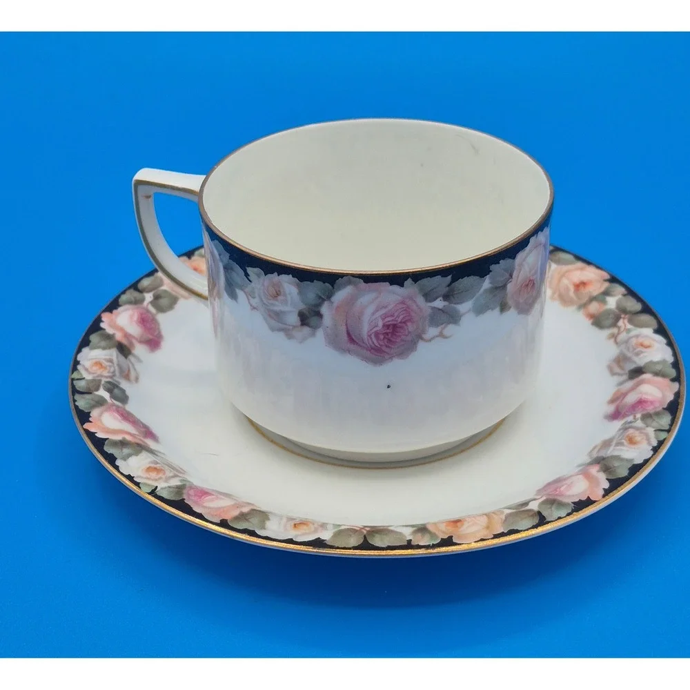 Vintage Bavaria Rose Floral Tea Cup and Saucer Set Navy Blue Gold Trim Porcelain